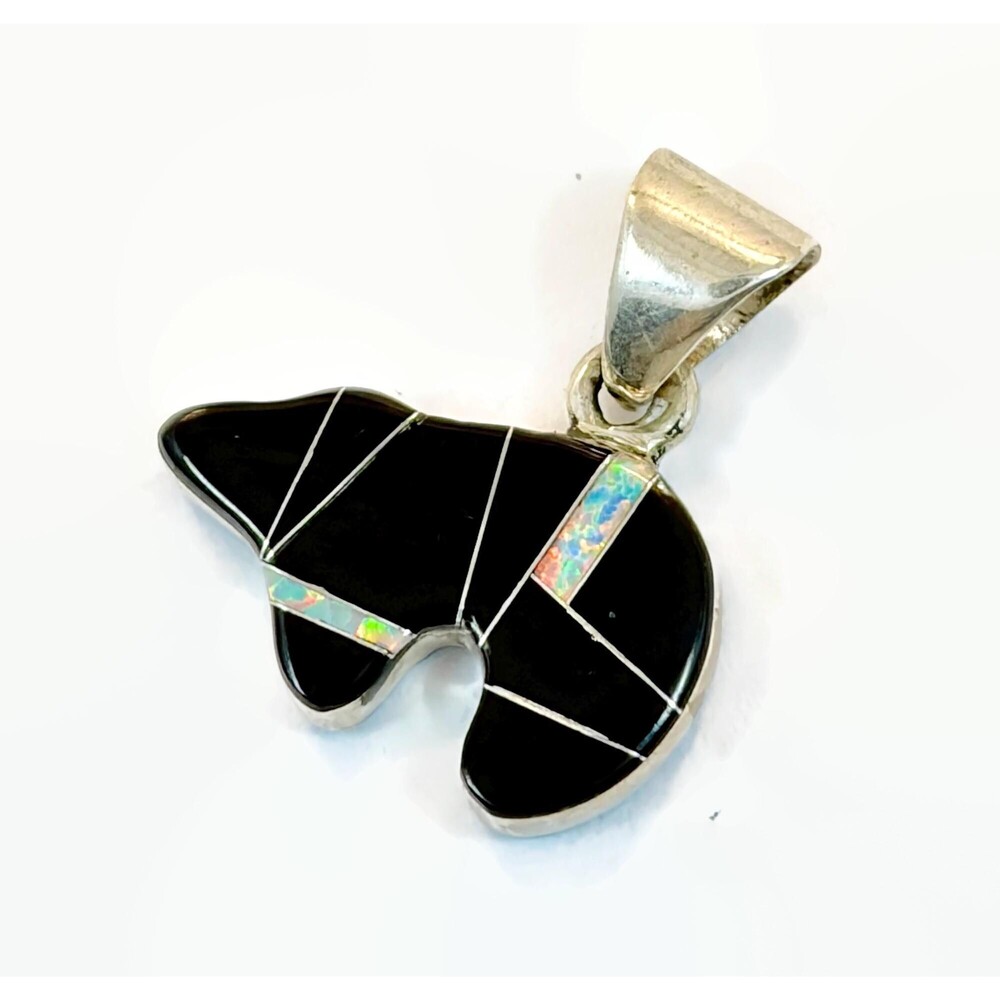 Vintage Pendant, Bear, Double Side, Opal,Onyx, Sterling Silver, Native Style